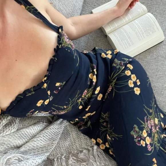 Reformation Dresses & Skirts - Reformation Navy Floral Midi Dress with Yellow & Green Accents